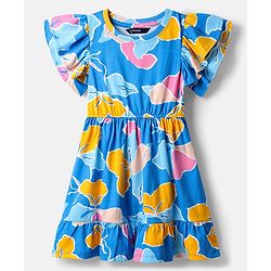 Pine Kids Cotton Knit Flutter Sleeves Frock With Floral Print - Blue