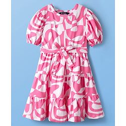 Pine Kids Cotton Knit Puffed Sleeves Frock With Abstract Print - Pink