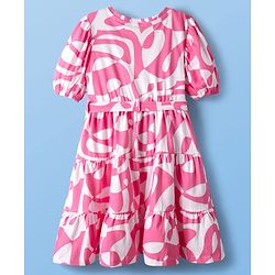 Pine Kids Cotton Knit Puffed Sleeves Frock With Abstract Print - Pink