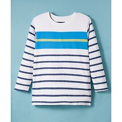 Pine Kids Cotton Knit Full Sleeves T-Shirt With Stripes - White & Navy Blue