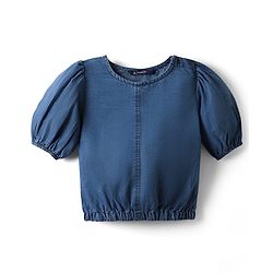 Pine Kids Cotton Woven Half Puffed Sleeves Solid Color Top - Navy Blue