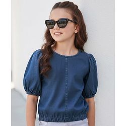 Pine Kids Cotton Woven Half Puffed Sleeves Solid Color Top - Navy Blue