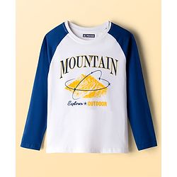 Pine Kids Cotton Knit Full Raglan Sleeves T-Shirt With Mountain Text Print - Navy Blue & White