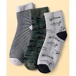 Pine Kids Knit Ankle Length Silvadur Antimicrobial Socks with Stripes & Airplane Design Pack of 3 - Color May Vary