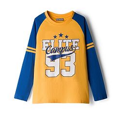 Pine Kids Cotton Knit Full Raglan Sleeves T-Shirt With Elite Text Print - Navy Blue & Yellow