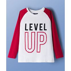 Pine Kids Cotton Knit Full Raglan Sleeves T-Shirt With Level Up Text Print - Red & White
