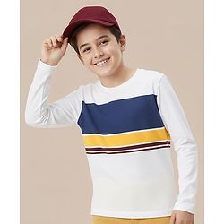 Pine Kids Cotton Knit Full Sleeves T-Shirt With Stripes - White & Navy Blue