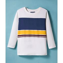 Pine Kids Cotton Knit Full Sleeves T-Shirt With Stripes - White & Navy Blue