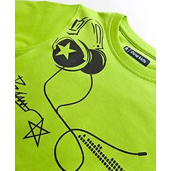 Pine Kids Cotton Knit Half Sleeves T-Shirt With Headphones Print - Limegreen