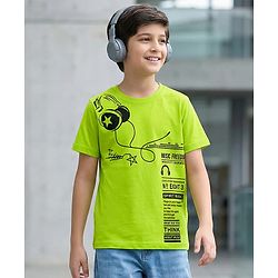 Pine Kids Cotton Knit Half Sleeves T-Shirt With Headphones Print - Limegreen