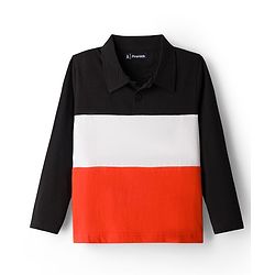 Pine Kids Cotton Knit Full Sleeves Cut & Sew Polo T-Shirt  - Black Orange & White