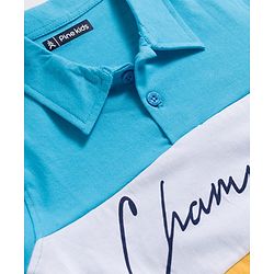 Pine Kids Cotton Knit Full Sleeves Polo Neck T-Shirt With Champion Text Print - Yellow & Light Blue