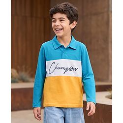 Pine Kids Cotton Knit Full Sleeves Polo Neck T-Shirt With Champion Text Print - Yellow & Light Blue