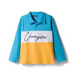 Pine Kids Cotton Knit Full Sleeves Polo Neck T-Shirt With Champion Text Print - Yellow & Light Blue