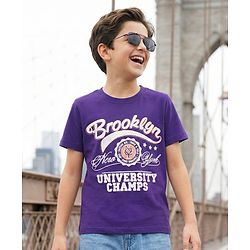 Pine Kids Cotton Knit Half Sleeves T-Shirt With New York Print - Purple