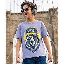 Pine Kids Cotton Knit Half Sleeves T-Shirt with Lion Print - Purple