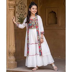 Pine Kids Woven Three Fourth Sleeves Indo Western Set With Embriodery - White
