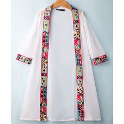 Pine Kids Woven Three Fourth Sleeves Indo Western Set With Embriodery - White