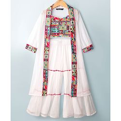Pine Kids Woven Three Fourth Sleeves Indo Western Set With Embriodery - White