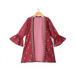 Pine Kids Three Fourth Bell Sleeves Indo western Sets with Jacket Embroidery & Sequin Detailing - Maroon