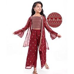 Pine Kids Three Fourth Bell Sleeves Indo western Sets with Jacket Embroidery & Sequin Detailing - Maroon