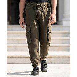 Pine Kids Cotton Elastane Woven Full length Trouser With Cargo Pockets - Olive Green