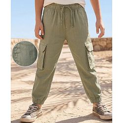 Pine Kids Cotton Elastane Woven Full Length Solid Coloured Trouser With Cargo Pockets - Khaki