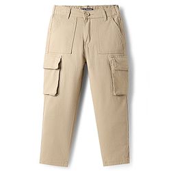 Pine Kids Cotton Elastane Woven Full Length Solid Coloured Trouser With Cargo Pockets - Khaki