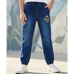 Pine Kids Cotton Elastane Woven Full Length Washed Jeans With Patch Detailing - Blue
