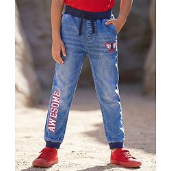 Pine Kids Cotton Elastane Woven Full Length Washed Jeans With Text Print - Navy Blue