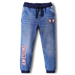 Pine Kids Cotton Elastane Woven Full Length Washed Jeans With Text Print - Navy Blue