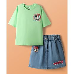 Pine Kids Disney Single Jersey Knit Drop Shoulder Half Sleeves Oversized T-Shirt & Skirt Set with Front & Back Minnie Mouse Graphics - Light Green & Blue