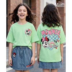 Pine Kids Disney Single Jersey Knit Drop Shoulder Half Sleeves Oversized T-Shirt & Skirt Set with Front & Back Minnie Mouse Graphics - Light Green & Blue