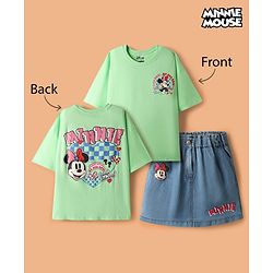 Pine Kids Disney Single Jersey Knit Drop Shoulder Half Sleeves Oversized T-Shirt & Skirt Set with Front & Back Minnie Mouse Graphics - Light Green & Blue