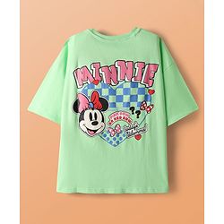 Pine Kids Disney Single Jersey Knit Drop Shoulder Half Sleeves Oversized T-Shirt & Skirt Set with Front & Back Minnie Mouse Graphics - Light Green & Blue