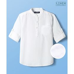 Pine Kids Linen Woven Full Sleeves Solid Color Mandarin Collar Kurta Style Shirt - White