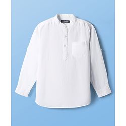 Pine Kids Linen Woven Full Sleeves Solid Color Mandarin Collar Kurta Style Shirt - White
