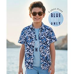 Pine Kids Cotton Woven Half Sleeves Floral Printed Shirt With T-Shirt - Blue