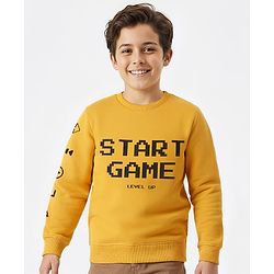 Pine Kids Knit Full Sleeves Sweatshirt With Text Print - Gold