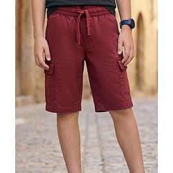Pine Kids Cotton Elastane Woven Above Knee Length Solid Color Shorts - Red