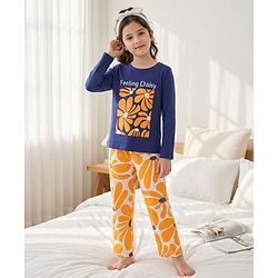 Pine Kids 100% Cotton Full Sleeves Night Suit With Floral Print - Navy Blue & Orange