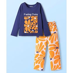 Pine Kids 100% Cotton Full Sleeves Night Suit With Floral Print - Navy Blue & Orange