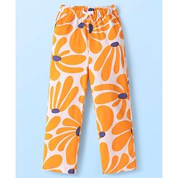 Pine Kids 100% Cotton Full Sleeves Night Suit With Floral Print - Navy Blue & Orange