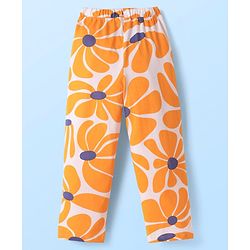 Pine Kids 100% Cotton Full Sleeves Night Suit With Floral Print - Navy Blue & Orange