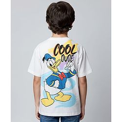 Pine Kids Disney Single Jersey Knit  Oversized Drop Shoulder Half Sleeve T-Shirt with Front and Back Donald Duck Graphics - White