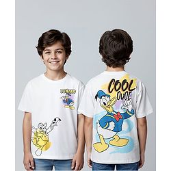 Pine Kids Disney Single Jersey Knit  Oversized Drop Shoulder Half Sleeve T-Shirt with Front and Back Donald Duck Graphics - White