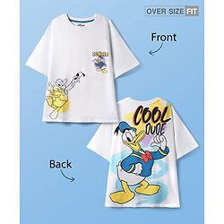 Pine Kids Disney Single Jersey Knit  Oversized Drop Shoulder Half Sleeve T-Shirt with Front and Back Donald Duck Graphics - White