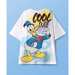 Pine Kids Disney Single Jersey Knit  Oversized Drop Shoulder Half Sleeve T-Shirt with Front and Back Donald Duck Graphics - White