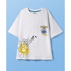 Pine Kids Disney Single Jersey Knit  Oversized Drop Shoulder Half Sleeve T-Shirt with Front and Back Donald Duck Graphics - White