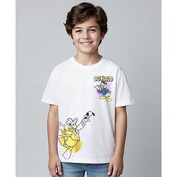 Pine Kids Disney Single Jersey Knit  Oversized Drop Shoulder Half Sleeve T-Shirt with Front and Back Donald Duck Graphics - White